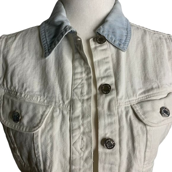 Vintage 90s Tangibles Denim Vest M White Button Up Pockets Cropped Cotton - Picture 2 of 6